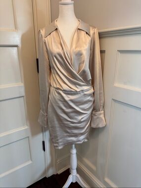 Line & Dot Champagne Satin Wrap-Style Long Sleeve Dress
